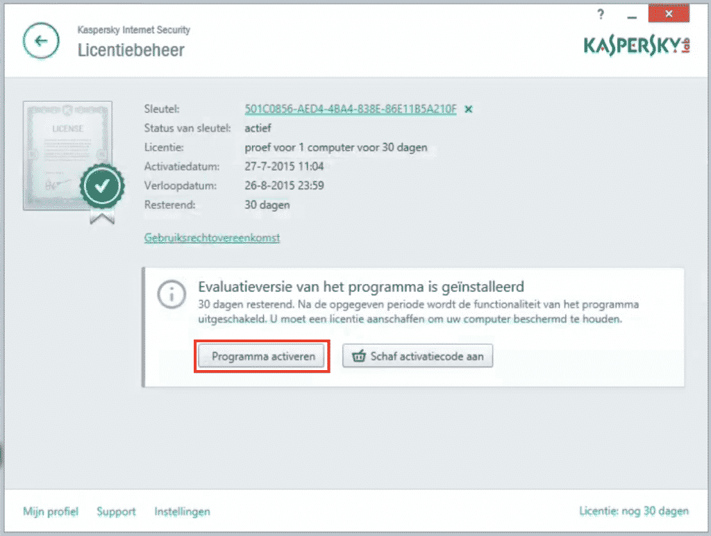 Kaspersky: klik op Programma activeren