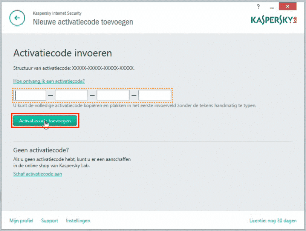 Kaspersky: voer de licentiecode in