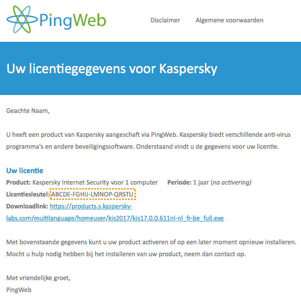 Voorbeeld e-mail licentiegegevens Kaspersky